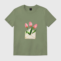 Футболка хлопковая мужская Тюльпаны в конверте, цвет: авокадо