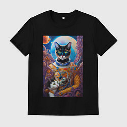 Футболка хлопковая мужская Милая кошечка космонавт - нейросеть, цвет: черный