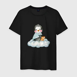 Футболка хлопковая мужская Пингвин на облаке, цвет: черный