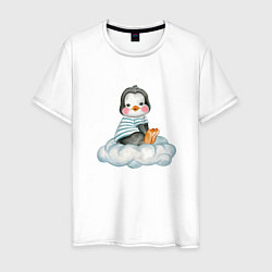 Футболка хлопковая мужская Пингвин на облаке, цвет: белый