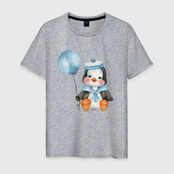 Футболка хлопковая мужская Пингвин с синим шариком, цвет: меланж