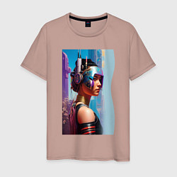 Футболка хлопковая мужская Girl in helmet - cyberpunk - neural network, цвет: пыльно-розовый