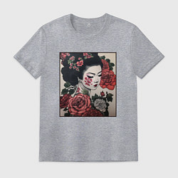 Футболка хлопковая мужская Irezumi - гейша в розах, цвет: меланж