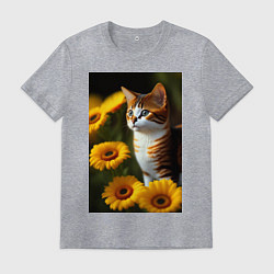 Футболка хлопковая мужская Red cat in flowers, цвет: меланж