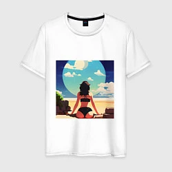 Футболка хлопковая мужская Девушка на пляже, цвет: белый