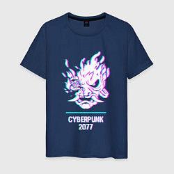 Футболка хлопковая мужская Cyberpunk 2077 в стиле glitch и баги графики, цвет: тёмно-синий