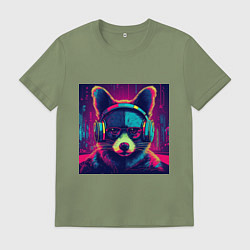 Футболка хлопковая мужская Неоновый енот на фоне киберпанк-города, цвет: авокадо