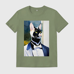 Футболка хлопковая мужская Кот-джентльмен - мем - нейросеть - акварель, цвет: авокадо
