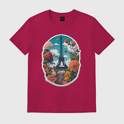 Футболка хлопковая мужская Эйфелева башня в цветах, цвет: маджента