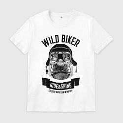 Футболка хлопковая мужская Бегемот дикий байкер, цвет: белый