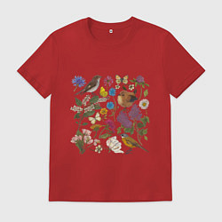 Футболка хлопковая мужская Цветение и птички, цвет: красный