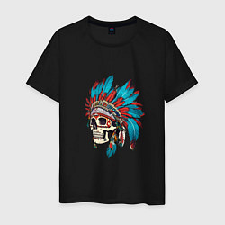 Футболка хлопковая мужская Череп Индейца с перьями, цвет: черный