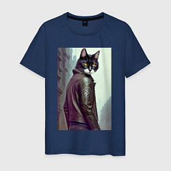 Футболка хлопковая мужская Модный котяра - Лондон - нейросеть, цвет: тёмно-синий
