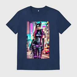 Футболка хлопковая мужская Cyberpunk - cat girl - neural network, цвет: тёмно-синий