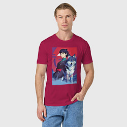Футболка хлопковая мужская Девочка со своим другом волком - аниме, цвет: маджента — фото 2