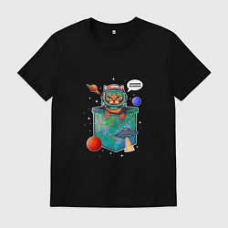 Футболка хлопковая мужская Кот космонавт в кармане, цвет: черный