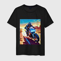 Футболка хлопковая мужская Мотоциклист в пустыне, цвет: черный