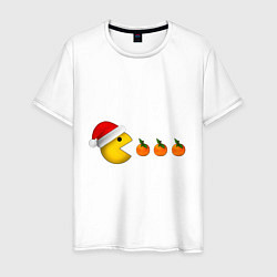 Футболка хлопковая мужская Новогодний пэкмэн с мандаринами, цвет: белый