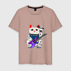 Футболка хлопковая мужская Рок кот нэко с микрофоном и гитарой, цвет: пыльно-розовый