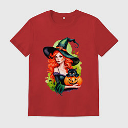 Футболка хлопковая мужская Рыжая ведьма с тыквой и черным котом, цвет: красный