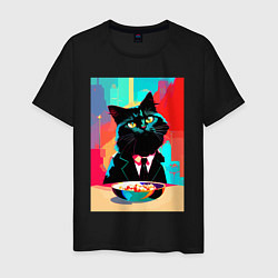 Футболка хлопковая мужская Чёрный котик джентльмен - нейросеть, цвет: черный