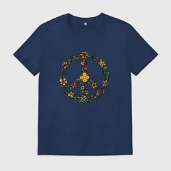 Футболка хлопковая мужская Пацифик знак хиппи цветы, цвет: тёмно-синий