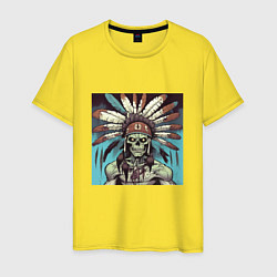 Футболка хлопковая мужская Индеец зомби с перьями на голове, цвет: желтый