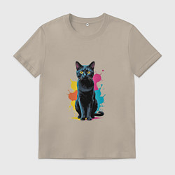 Футболка хлопковая мужская Кошка яркая грациозность, цвет: миндальный