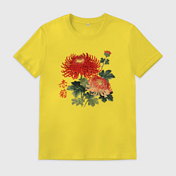 Футболка хлопковая мужская Красные хризантемы, цвет: желтый
