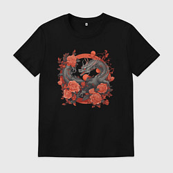 Футболка хлопковая мужская Дракон в розах, цвет: черный
