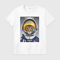 Футболка хлопковая мужская Кот в костюме астронавта, цвет: белый