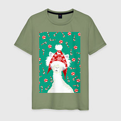 Футболка хлопковая мужская Лама - альпака в ушанке, цвет: авокадо