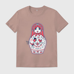 Футболка хлопковая мужская Матрешка с красным петухом по мотивам мезенской ро, цвет: пыльно-розовый