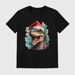 Футболка хлопковая мужская Новогодний тираннозавр, цвет: черный