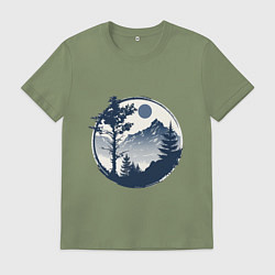 Футболка хлопковая мужская Горный пейзаж в круге, цвет: авокадо