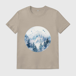 Футболка хлопковая мужская Горы в тумане в круге, цвет: миндальный