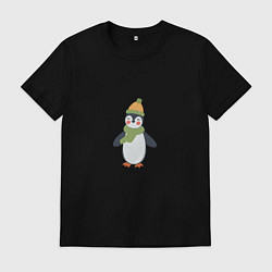 Футболка хлопковая мужская Весёлый пингвин в шапке, цвет: черный
