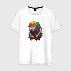 Футболка хлопковая мужская Красочный попугай в ярких перьях, цвет: белый