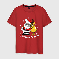 Футболка хлопковая мужская Дед мороз с оленем, цвет: красный