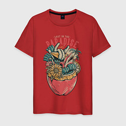 Футболка хлопковая мужская Акула пальмы коктейль, цвет: красный