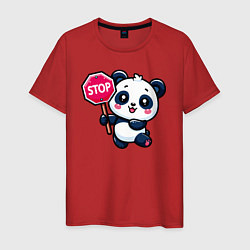 Футболка хлопковая мужская Милая панда со знаком стоп, цвет: красный