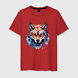 Футболка хлопковая мужская Волк акварель 1, цвет: красный