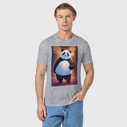 Футболка хлопковая мужская Панда в свитере под салютом - ai art, цвет: меланж — фото 2
