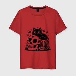 Футболка хлопковая мужская Мультяшный черный кот сидит в черепе, цвет: красный