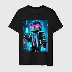 Футболка хлопковая мужская Minecraft - neon character ai art, цвет: черный