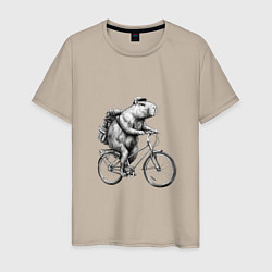 Футболка хлопковая мужская Капибара на велосипеде в черном цвете, цвет: миндальный