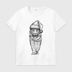 Футболка хлопковая мужская Тигр в новогоднем колпаке, цвет: белый