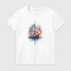Футболка хлопковая мужская Парусник на закате, цвет: белый