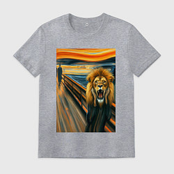 Футболка хлопковая мужская Лев кричит - мем картина от нейросети, цвет: меланж
