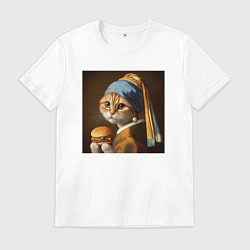 Футболка хлопковая мужская Забавная кошка с бургером в лапах в стиле картины, цвет: белый